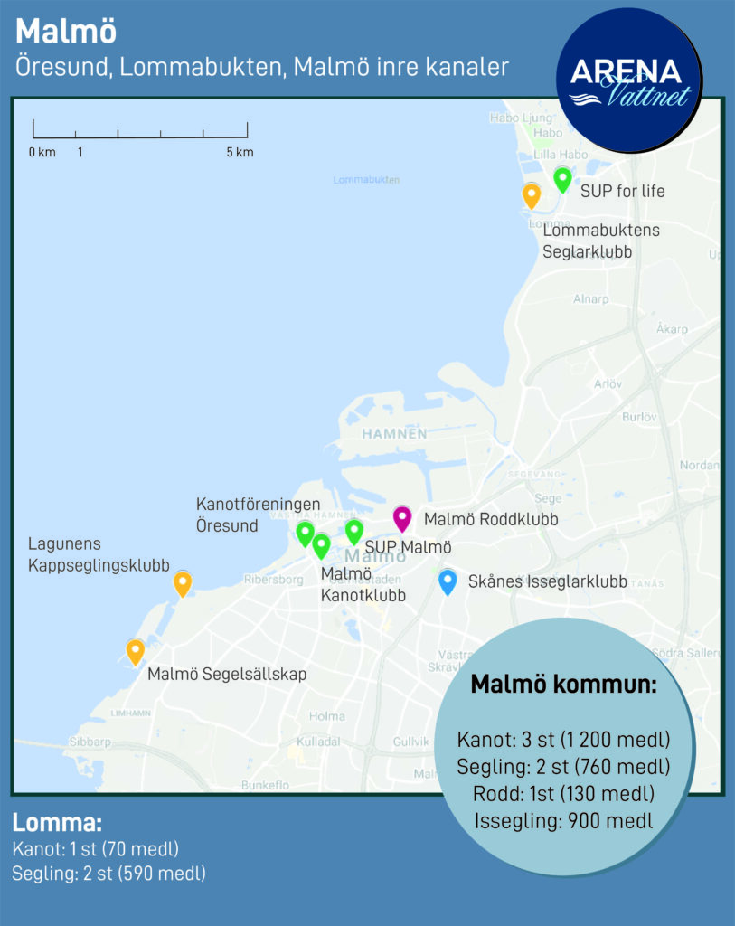 Karta utsnitt Malmö, platser för vattensport vid olika typer av vatten.